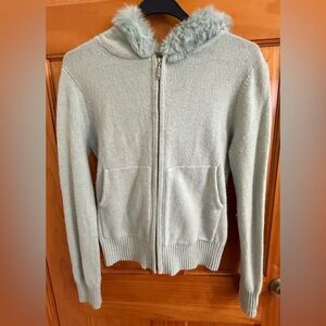 Light Blue Hooded Sweater with Faux Fur Trim